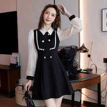 Load image into Gallery viewer, Double Breasted Long Sleeve Patchwork Party Mini Dresses Women Autumn Turndown Collar High Waist Fashion Slim Dress Female 2021