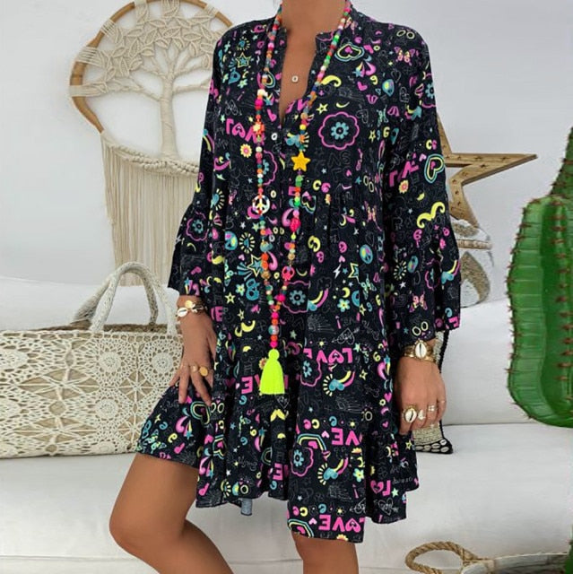 Dress 2021 Fashion High Quality vestido Women's  Plus Size Loose Print Long Sleeve V-Collar Button Mini Dresses платье 2021