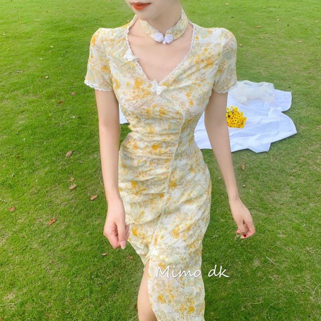 Dress Female Summer Ladies Summer dDress 2020 New Long Cheongsam Dress Covering Belly Temperament Fairy Dress