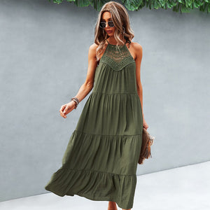 Dress For Woman Summer Maxi Dress Fashion Lace Hollow Sleeveless Halter Neck Midi Dress Casual Loose Beach Sundress Robe Femme