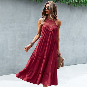 Dress For Woman Summer Maxi Dress Fashion Lace Hollow Sleeveless Halter Neck Midi Dress Casual Loose Beach Sundress Robe Femme