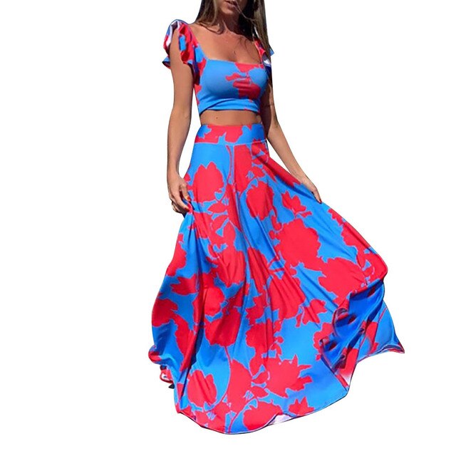 Dress Suit 2021 New Women Skirt Crop Top Set Contrast Color Printed Ruffles Sleeveless  High Waist Skirt Summer Beach Fashion