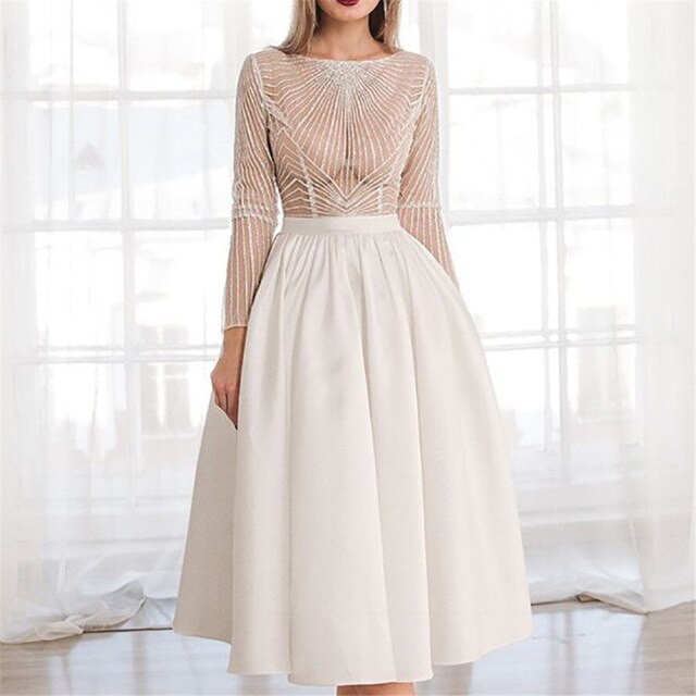 Dress White Sexy Embroidered Long-sleeved Big Swing Dress European American Banquet Evening Dress Long Skirt Autumn Spring New