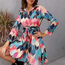 Load image into Gallery viewer, Dress for Women 2021 Summer Beach Bohoo Printed Mini Dress Tie Waist Turn-down Collar Long Sleeve Short Dresses Femme