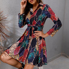Load image into Gallery viewer, Dress for Women 2021 Summer Beach Bohoo Printed Mini Dress Tie Waist Turn-down Collar Long Sleeve Short Dresses Femme