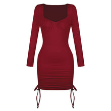 Load image into Gallery viewer, Dress for Women Drawstring Square Collar Mini Dress Folds Elegant Women Robe Female Clothing Long Sleeves Party Ribbing Vestidos
