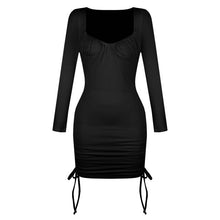 Load image into Gallery viewer, Dress for Women Drawstring Square Collar Mini Dress Folds Elegant Women Robe Female Clothing Long Sleeves Party Ribbing Vestidos