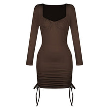 Load image into Gallery viewer, Dress for Women Drawstring Square Collar Mini Dress Folds Elegant Women Robe Female Clothing Long Sleeves Party Ribbing Vestidos