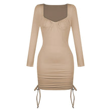 Load image into Gallery viewer, Dress for Women Drawstring Square Collar Mini Dress Folds Elegant Women Robe Female Clothing Long Sleeves Party Ribbing Vestidos