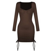Load image into Gallery viewer, Dress for Women Drawstring Square Collar Mini Dress Folds Elegant Women Robe Female Clothing Long Sleeves Party Ribbing Vestidos
