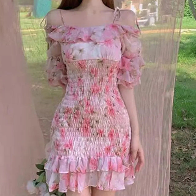 Dresses For Women 2022 Flounced edge floral frilly dress korean fashion Slash neck Women's summer sundresses vetement femme