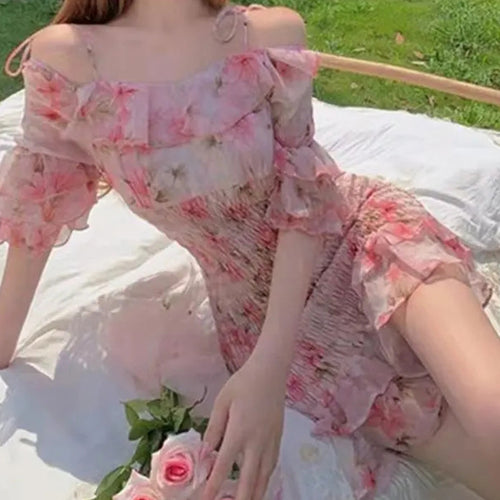 Dresses For Women 2022 Flounced edge floral frilly dress korean fashion Slash neck Women's summer sundresses vetement femme