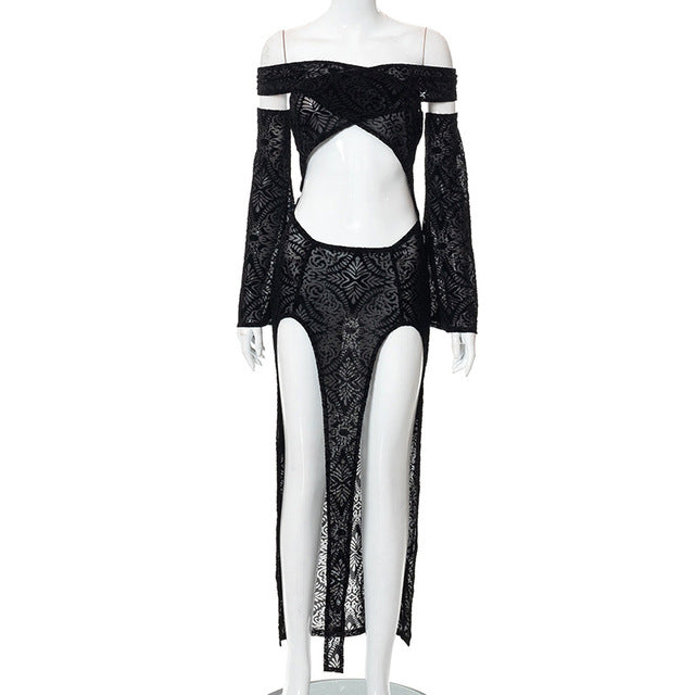 Dresses For Women 2022 Summer Sexy Black Transparent lace skinny  Casual Long Sleeves Evening Party Prom Split Maxi Dress