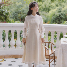 Load image into Gallery viewer, Dresses for women 2021 Chiffon Elegant Cheongsam Vestidos Femme Disc Button Retro Stand Collar Embroidery Slim Sweet Dress