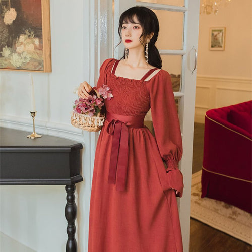 Dresses for women 2021 Temperament VintageTrumpet Sleeve Ladies Bandage Dresses Women Spring/Autumn New Square Collar Maxi Dress