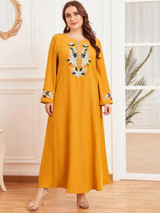 Dubai Abaya Oversized Women's Embroidered Long Sleeve Pleated Ethnic Yellow Printed Casual Round Neck Muslim Long Skirt