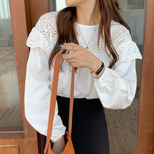 Load image into Gallery viewer, Early Autumn Sweet O Neck Hollowed Out Lace Stitching Blouse Women Loose Puff Sleeve Shirts Women Pullover Elegant White Blusas