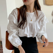 Load image into Gallery viewer, Early Autumn Sweet O Neck Hollowed Out Lace Stitching Blouse Women Loose Puff Sleeve Shirts Women Pullover Elegant White Blusas