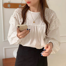 Load image into Gallery viewer, Early Autumn Sweet O Neck Hollowed Out Lace Stitching Blouse Women Loose Puff Sleeve Shirts Women Pullover Elegant White Blusas