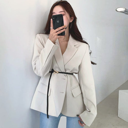 Elegant Belt Slim Waist Notched Collar Blazer Women Loose Office Ladies Korean Chic Suit Coat Women All Match Casual Jacket