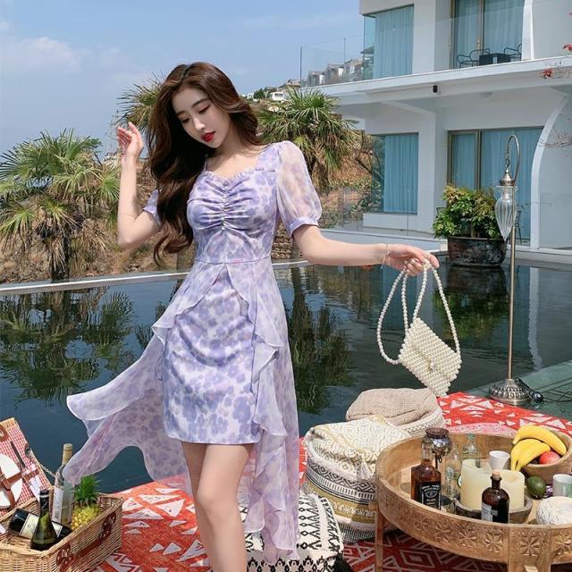 Elegant Casual Floral Dress Women 2021 Summer Beach Bohemian Evening Party Midi Dress Ladies Puff Sleeve Korean Fashion Clothing