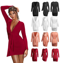 Load image into Gallery viewer, Elegant Deep V-Neck Sexy Autumn Dress Women 2021 Long Sleeve Pleated Bodycon Party Night Club Dress Short Casual Dress Vestidos