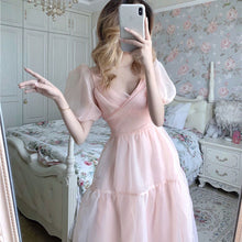 Load image into Gallery viewer, Elegant Designer Dress Women French Pink Bandage Dress Casual Puff Sleeve Slim Lace Chiffon Dress 2020 Autumn Women&#39;s Clothing