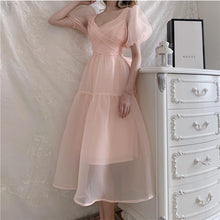 Load image into Gallery viewer, Elegant Designer Dress Women French Pink Bandage Dress Casual Puff Sleeve Slim Lace Chiffon Dress 2020 Autumn Women&#39;s Clothing
