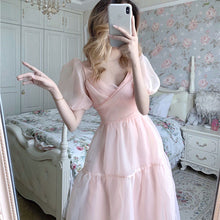 Load image into Gallery viewer, Elegant Designer Dress Women French Pink Bandage Dress Casual Puff Sleeve Slim Lace Chiffon Dress 2020 Autumn Women&#39;s Clothing