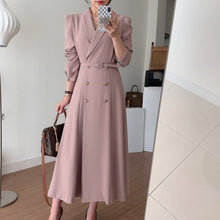 Load image into Gallery viewer, Elegant Double Breasted Lapel Women Party Dress 2021 New Fashion Office OL Long Sleeve Belted Slim Waist Female Dress Vestidos