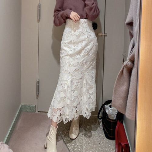 Elegant Embroidery Hollow Out Lace Skirt Elegant High Waist Bodycon Skirts Women 2022 Autumn Winter New Japan Style Faldas Mujer