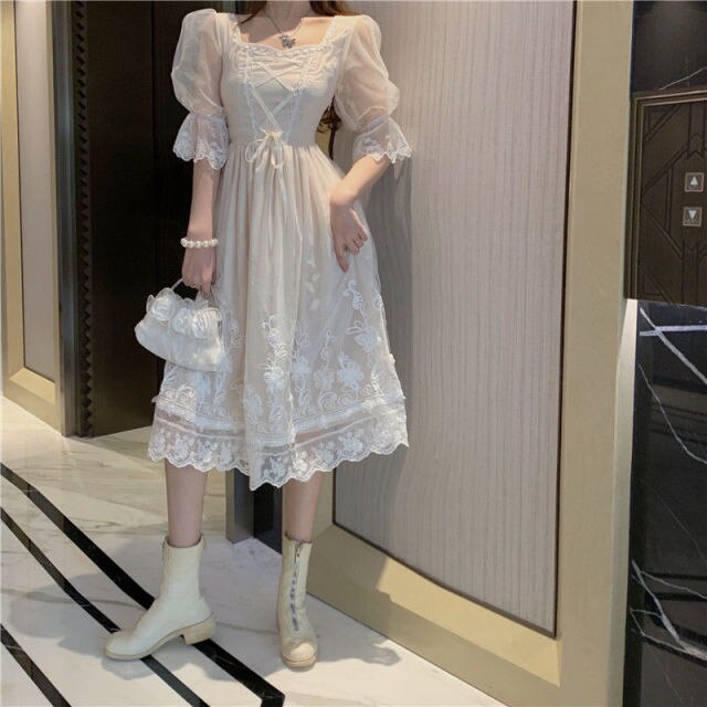 Elegant Fairy Dress Summer French Palace Style Super Fairy Sen Tie Square Neck Tie Princess Dress Mid-length Dress