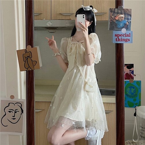 Elegant Fairy Mini Dresses Women 2021 Puff Sleeve French Casual Kawaii Dress Patchwork Lace-up Sweet Cute Korean Beach Sundress