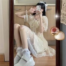 Load image into Gallery viewer, Elegant Fairy Mini Dresses Women 2021 Puff Sleeve French Casual Kawaii Dress Patchwork Lace-up Sweet Cute Korean Beach Sundress