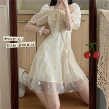 Load image into Gallery viewer, Elegant Fairy Mini Dresses Women 2021 Puff Sleeve French Casual Kawaii Dress Patchwork Lace-up Sweet Cute Korean Beach Sundress