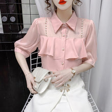 Load image into Gallery viewer, Elegant Fashion Women Shirt Pearl Chain Ruffles Ladies Chiffon Shirts Half Sleeve Single Breasted Summer Korean Sweet Female Top