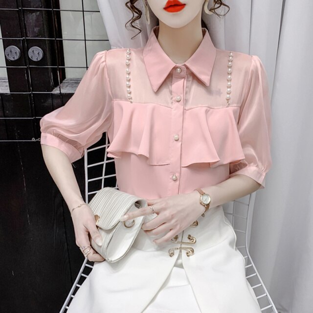 Elegant Fashion Women Shirt Pearl Chain Ruffles Ladies Chiffon Shirts Half Sleeve Single Breasted Summer Korean Sweet Female Top