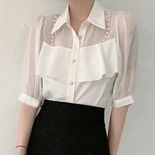 Load image into Gallery viewer, Elegant Fashion Women Shirt Pearl Chain Ruffles Ladies Chiffon Shirts Half Sleeve Single Breasted Summer Korean Sweet Female Top