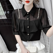 Load image into Gallery viewer, Elegant Fashion Women Shirt Pearl Chain Ruffles Ladies Chiffon Shirts Half Sleeve Single Breasted Summer Korean Sweet Female Top