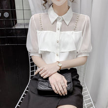 Load image into Gallery viewer, Elegant Fashion Women Shirt Pearl Chain Ruffles Ladies Chiffon Shirts Half Sleeve Single Breasted Summer Korean Sweet Female Top