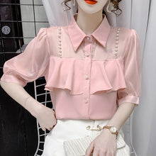 Load image into Gallery viewer, Elegant Fashion Women Shirt Pearl Chain Ruffles Ladies Chiffon Shirts Half Sleeve Single Breasted Summer Korean Sweet Female Top