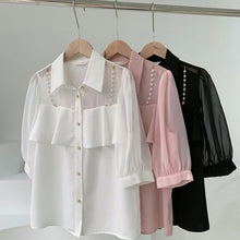 Load image into Gallery viewer, Elegant Fashion Women Shirt Pearl Chain Ruffles Ladies Chiffon Shirts Half Sleeve Single Breasted Summer Korean Sweet Female Top