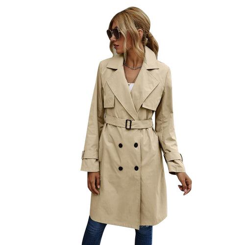 Elegant Fashion Women Trench Solid Color Outerwear Double Breasted Long Sleeve Lapel Belted Trench Autumn Spring Long Coats