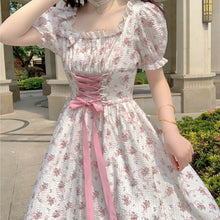 Load image into Gallery viewer, Elegant Floral Dress Women Lace Up Korean Princess Fairy Sweet Midi Dress Bandage Chic Designer Puff Sleeve Casual Dress Summer
