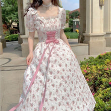 Load image into Gallery viewer, Elegant Floral Dress Women Lace Up Korean Princess Fairy Sweet Midi Dress Bandage Chic Designer Puff Sleeve Casual Dress Summer