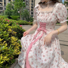 Load image into Gallery viewer, Elegant Floral Dress Women Lace Up Korean Princess Fairy Sweet Midi Dress Bandage Chic Designer Puff Sleeve Casual Dress Summer