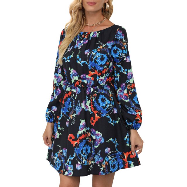 Elegant Floral Print Dress Women Summer 2021 O Neck Long Sleeve Elegant Casual Midi Dress A-Line Sundress