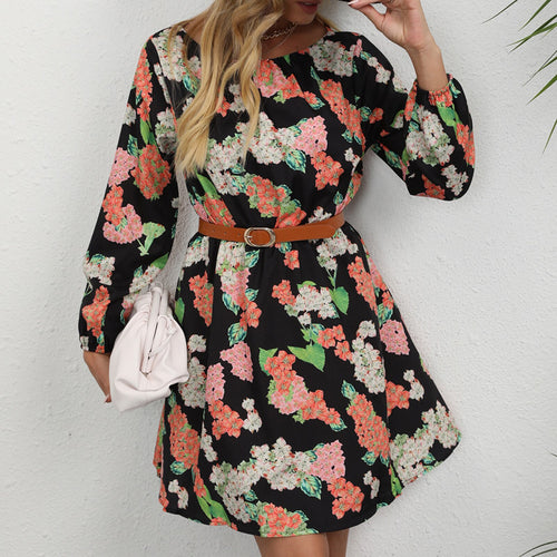 Elegant Floral Print Dress Women Summer 2021 O Neck Long Sleeve Elegant Casual Midi Dress A-Line Sundress