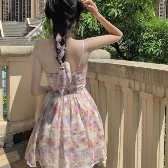 Elegant Floral Summer Dress for Women V-Neck Beach Sweet Sexy Strap Mini Dress Female Korean Backless Casual Party Dress 2021