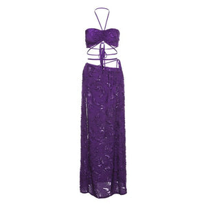 Elegant Frayed Two Piece Set Women Sexy Skinny Wrapped Chest Halter Lace Up Crop Tops+ Straight Bandage Side Split Skirt